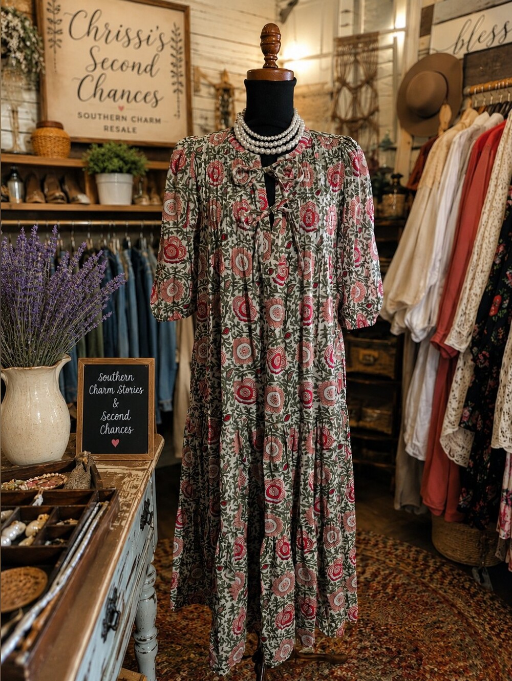 Pink Chicken Summer  Floral Tiered Midi Dress - Pink & Green Medium